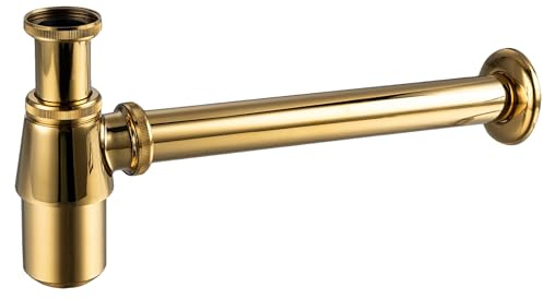 Aquauno - Siphon de lavabo rond en laiton doré G1 1/4 - Bonde universelle pour salle de bain - Siphon anti-odeurs - Hauteur réglable - Résistant à la corrosion - Avec ouverture de nettoyage