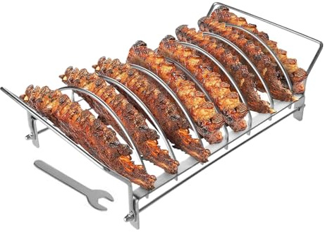 Rib Rack, Six Slots BBQ Rib Rack, Foldable Rustproof Roasting Stand Holder Smoker Accessory for Barbecue Drumstick Pork Prep Cooking Wing Beef