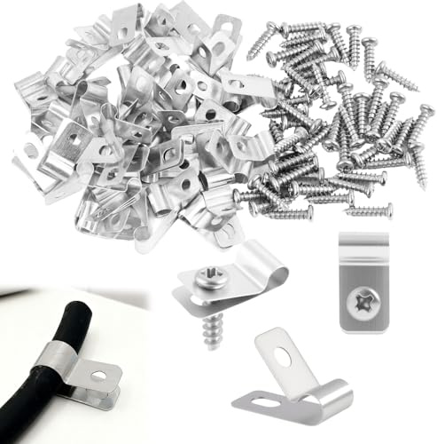 50 pièces de Pinces de Fixation pour Clôtures en Acier Inoxydable, Attaches Grillage Rigide avec Vis pour Fixation Murale Grillage Rigide sur Poteau, Pinces de Fixation pour Ø 4-5mm Câbles Tuyaux