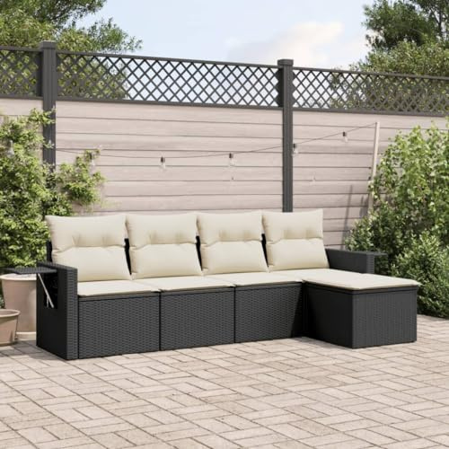 QJBSAVVA Ensemble de 5 meubles de balcon en rotin noir, 55 x 62 x 69 cm, salon de jardin avec coussins amovibles blanc crème, groupe de sièges d'extérieur modulaires pour petits balcons, terrasse et