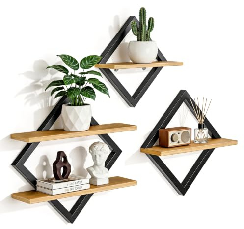 JUJOYBD Holz Wandregal 3er-Set, Rautenförmige Hängeregale, Modern