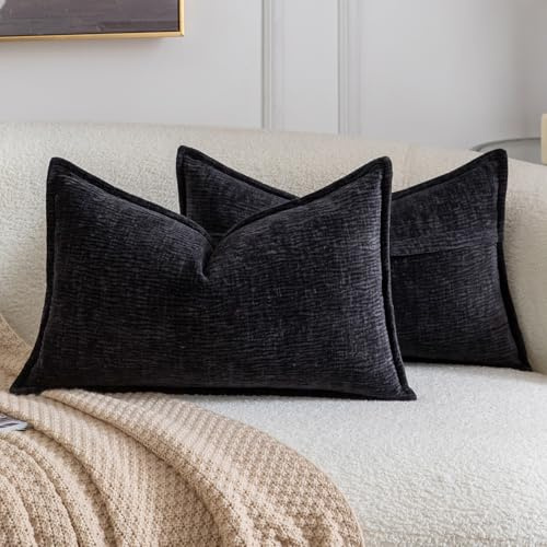 Madizz 2 Stück Dekorative Kissenbezüge aus Weichem Chenille, einfarbig, Mit Struktur, Für Couch, Sofa, Schlafzimmer und Wohnzimmer, 30x50 cm, Schwarz