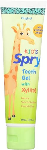 Spry Natural Xylitol Toothpaste for Baby, Toddler and Kids Age 3 Months and Up - Fluoride Free Tooth Gel, Tasty, Support Development of Emerging Teeth, Original 2 Fl Oz (Pack of 1)
