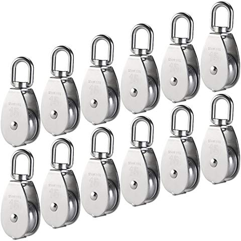 MERYSAN 12 Stücke 15MM Umlenkrollen, M15 Riemenscheibe Einzelsatz in Edelstahl 304, Flaschenzug Einzelsatz Schalen Riemenscheibe Roller für Seile den Innen- und Außenbereich - Tragkraft 35kg