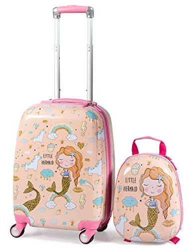 GOPLUS Valise Enfant Fille Garçon, Valise Enfant 18” ＆Sac à Dos 12”, Trolley à roulettes ABS, Hauteur de Poignée Réglable, Valise de Voyage Bagage Cabine en Vol (Rose)