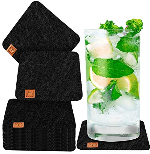MIQIO Filzuntersetzer eckig | 10er Set Glasuntersetzer | Oekotex | Nachhaltige Oekotex Glasuntersetzer aus Filz, 10 Untersetzer für Getränke, mit Lederlabel, schwarz