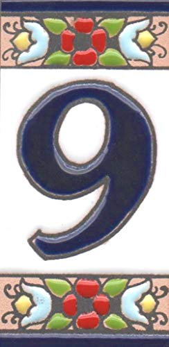 Numéros de maison, chiffres et lettres en céramique, motif floral cerise, taille du carrelage : 7,5 cm x 3,5 cm, cadres de 3 à 10 carreaux (numéro 9)