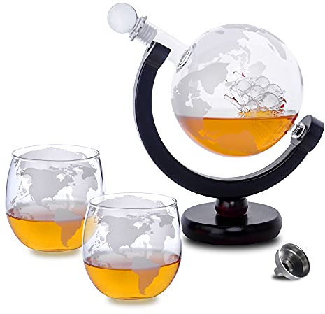 Whiskey Decanter Globe Set with 2 Etched Whisky Glasses - Globe Decanter Suitable for Liquor, Scotch, Bourbon, Brandy, Vodka