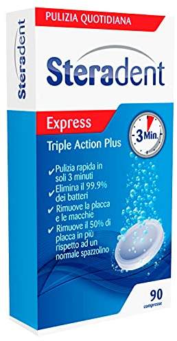 90 Compresse Steradent Express Effervescenti Triple Action Plus per la Pulizia della Protesi Dentaria Sensazione di Freschezza - 1 Confezione
