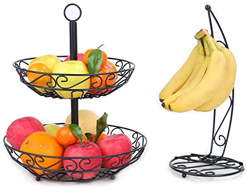 Cubesu Alzata per frutta a 2 ripiani con porta banana – Alzata frutta per più spazio in cucina – Frutta a 2 piani – Cestino decorativo per frutta