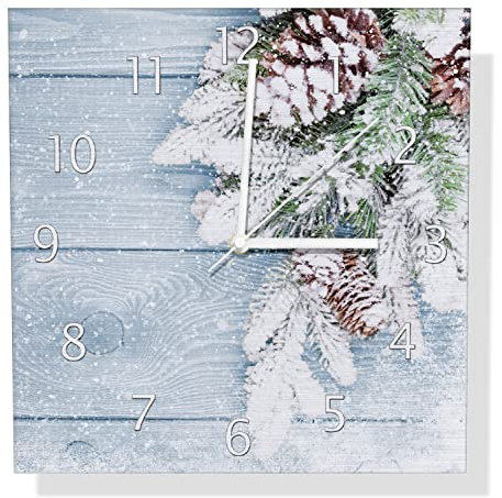 Wallario Design Wanduhr Verschneite Tannenzweige auf Holz - Winterdekoration aus Aluverbund, Alu-Uhr Größe 30 x 30 cm, weiße Zeiger mit Metalloptik