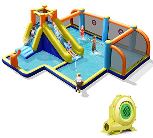COSTWAY Aufblasbare Hüpfburg mit Gebläse, Wasserrutsche, Planschbecken, Fußballzone, Kletterwand, Zwei Wasserkanonen, und Zielspiel, Spielpool 500 x 465 x 200 cm