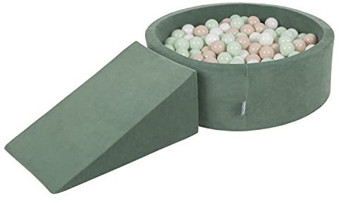 KiddyMoon Spielplatz Velvet Aus Schaumstoff Rund Bällebad Bällebad (100 Bälle) + Zwickel Ballgruben Babys Spielbad, Waldgrün: Pastellbeige/Weiß/Minze