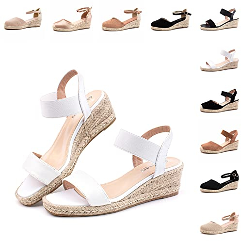 Hitmars Sandalias Mujer Alpargatas Cuña Zapatos Esparto Correa de Tobillo Cerradas Espadrilles Plataforma Boda 6 CM 3 Blanco Talla 38 EU