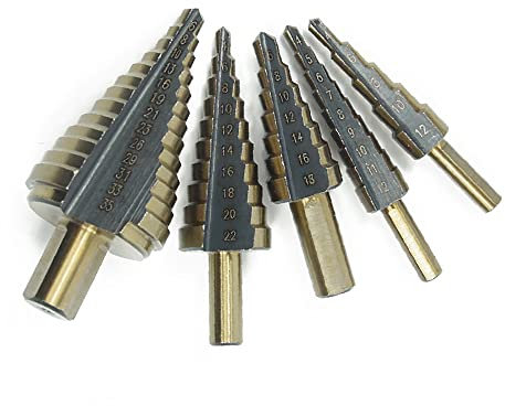Stufenkegel-Bohrer, 5 Stück HSS 4–12 mm/4–22 mm/6–18 mm/6–35 mm, verschiedene Größen, Lochschneider, Kegelbohrer, mit dreieckigem Schaft für DIY, Kunststoff, Holz, Aluminium