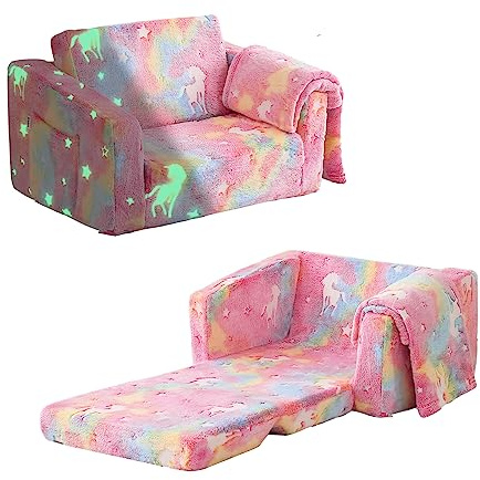 Kisdsa Toddler Couch Fold Out, Foldable Toddler Chair with Blanket, Flip Out Kids Couch,Glow in The Dark Convertible Sofa Gift for Girls & Boys (Glow Pink)