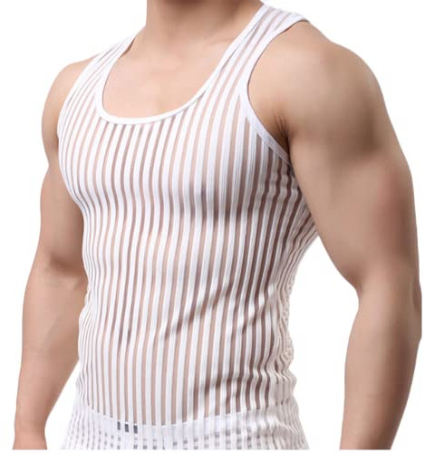 JPXJGT Camiseta Tirantes Malla Hombre Chaleco Rejilla sin Mangas Transparente Ropa Interior Elástica (Color:White,Size:L)