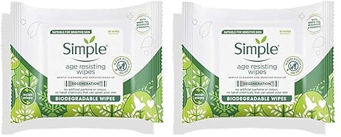 Simple Regeneration Age Resisting Biodegradable Facial Wipes remove make-up and fights premature ageing for sensitive skin 20 wipes,package may vary (Pack of 2)