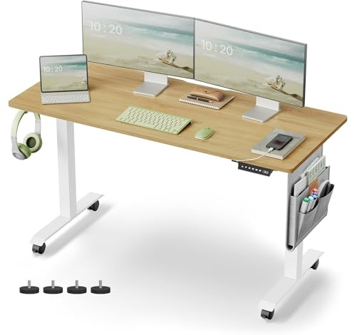 VASAGLE Höhenverstellbarer Schreibtisch elektrisch, 60 x 140 x (72-120) cm, stufenlos verstellbar, Memory-Funktion mit 4 Höhen, natureichenfarben LSD174N01, Holzspanplatte, Stahl, Oxford-Gewebe