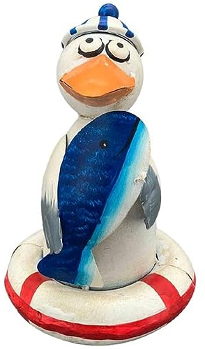ETC lustiger Zaunhocker Möwe mit Mütze im Schwimmring Metall bemalt Verschiedene Motive zur Auswahl als Maritime Deko (weiß mit Fisch)