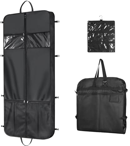 Univivi Kleidersack Lang 152 x 60 cm, Atmungsaktive Kleidersack Reise mit 5 Reißverschluss Taschen, Schwarz, Oxford-Stoff, Zubehörtasche für Abendkleider