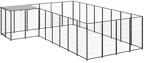 Outdoor Tiergehege mit Dach, Freilaufgehege Welpenauslauf Welpenlaufstall Hundelaufstall Hundezwinger Hundekäfig Hundehütte Hundehaus Zwinger, Stahlrahmen, Verschließbare Tür, Schwarz 10,89 m²