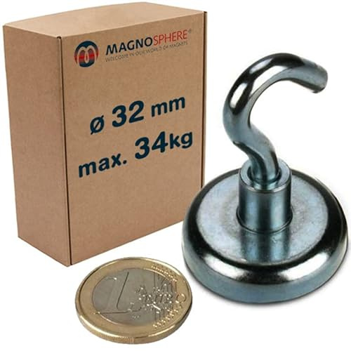 Magnosphere Magnethaken Extra Stark 34 kg Starke Neodym Magnet mit Haken Hakenmagnete Magnetische Haken Ø 32 mm für Küche Camping Grill Dekor Büro Lager Werkstatt Montage Kreuzfahrt - 5 Stück