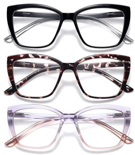 ORANZI Reading Glasses for Women, 3 pack Fashion Oversized Blue Light Readers for Women, Spring Hinge Cat Eye Glasses Anti Eyestrain (A1 Black Tortoiseshell Purple, 1.50)