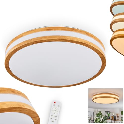 LED Deckenleuchte Sofo, dimmbare Deckenlampe aus Metall/Bambus/Kunststoff in Weiß/Natur, Leuchte im Boho-Design (Ø 40 cm), 2500 Lumen, 3000-6000 Kelvin, LED 24 Watt, inkl. Fernbedienung