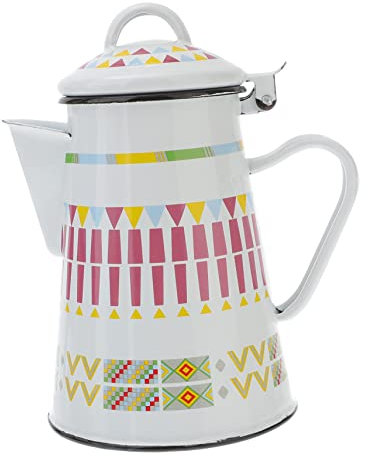 OUNONA Enamel Home Coffee Pot 0.8l White Geometric Design Milk Pot Suitable for Office and Pour-Over Brewing