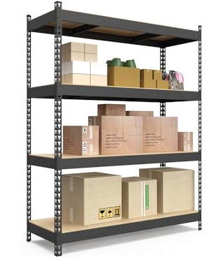 baudim Schwerlastregal Titan Gesamtlast 1200 kg 4 MDF-Böden Schwarz robuste Steckregal, 180x180x50 cm, Lagerregal, Kellerregal, Garagenregal, Werkstattregal