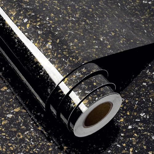 FunStick 60CM×5M Möbelfolie Terrazzo Schwarz Wandaufkleber Küche Wandtapete Schwarz Gold Wasserfest Folie Selbstklebend Küchenrückwand Schwarze Klebefolie Schrank Marmor Klebefolie Möbel Tisch