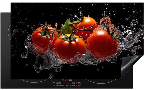 KitchenYeah© Herdabdeckplatte Einteilig Abdeckplatten Cerankochfeld | 90x52 cm - Abdeckung Ceranfeld Herdplattenabdeckung Induktionsmatte Tomaten - Schwarz - Wasser - Rot - Gemüse