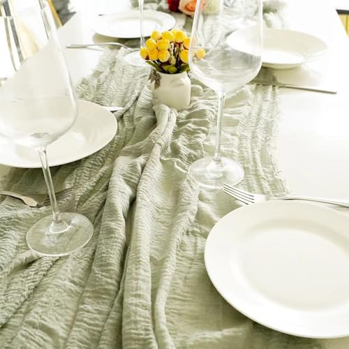 Swsen 6 Stück Käsetuch Tischläufer Salbeigrün 90 x 300cm, Boho Gaze Hochzeit Tischläufer - Romantischer Hochzeitsläufer für Hochzeit, Geburtstag, Brautdusche, Babyparty, Tischdekoration