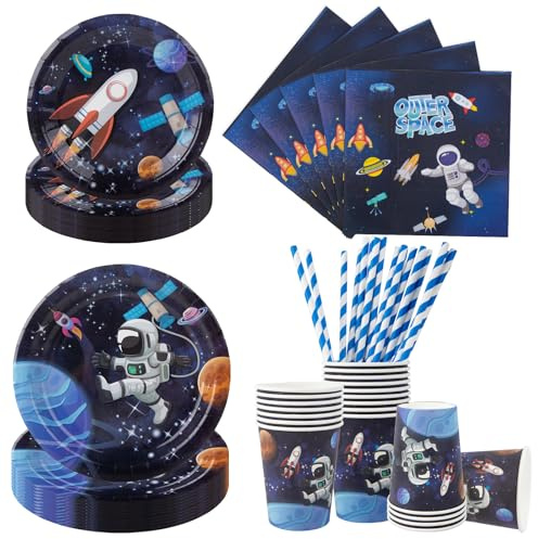 Aitsite 100 Stück Weltraum Partygeschirr Set, Astronaut Partyteller Geburtstag für 20 Gäste, Weltraum Geburtstag Geschirr, Einwegteller Pappbecher Servietten Strohhalme Party Deko