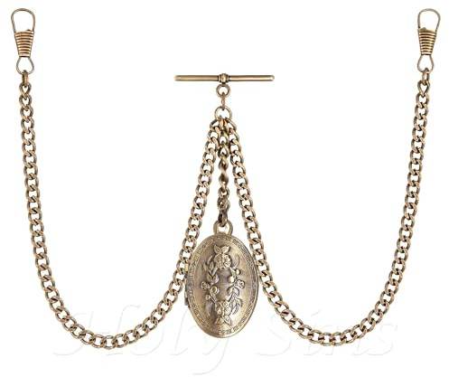 Holy Sins Jewellery Vintage-Inspired 14 Bronze Pocket Watch Chain with Photo Locket Pendant | Elegant Double Albert T-Bar Design | Men's Classic Accessory