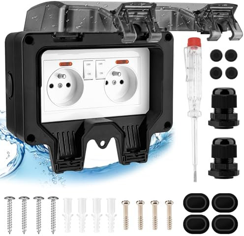 Prise Extérieure Étanche IP66 avec Interrupteur et Témoin Lumineux, Double Prise Etanche Prise Standard Français Encastrée avec Couvercle Anti-Poussière Verrouillable pour Garage, Piscine, Gardin