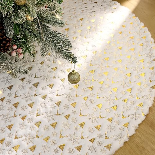 MEIVINES Weihnachtsbaum Decke 90 cm Weiß Plüsch Tannenbaum Teppich Gold Schneeflocke Weihnachtsdecke Tannenbaum Weihnachtsbaum Teppich Rund Für Christbaumschmuck Weihnachtsdeko (Gold, 90 cm)