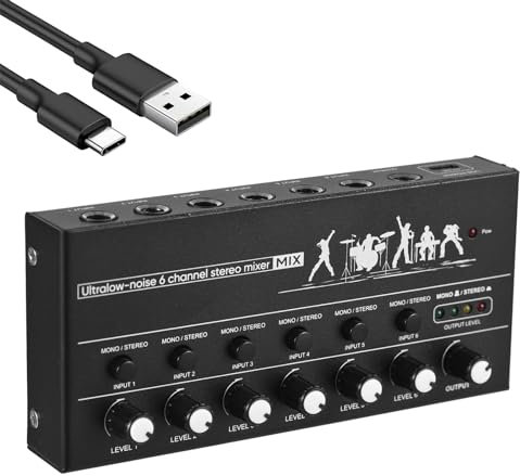CHOYUE Mezclador de audio de 6 canales Mezclador de línea estéreo Carcasa metálica Fuente de alimentación USB tipo C para guitarra Bajo Teclado Etapa Mono de 6,35 mm/6,5 canales duales Tablero mezclad