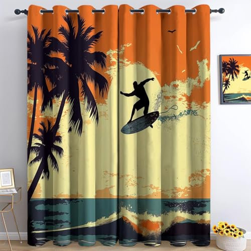 Gedruckte Blackout Vorhänge H183x B117 cm (2er Pack) Energiesparende Vorhänge Thermo- und Schallschutzvorhänge für Schlafzimmer Retro-Surfer Bedruckte Orange Blau Vorhang