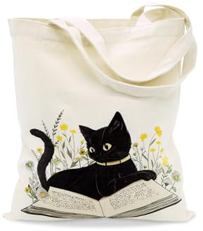 Avezano Borsa in tela con motivo floreale con gatto nero, per donne e ragazze, riutilizzabile, per shopping, lavoro, viaggio