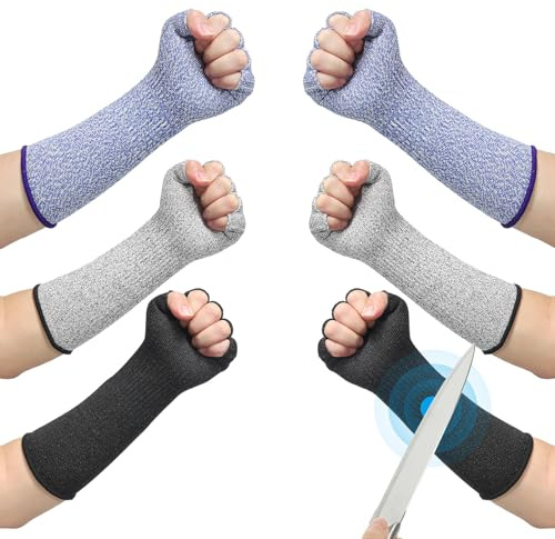 PATIKIL 12 Inch Cut Resistant Sleeves with Finger Grips, 3 Pair Forearm Protective Sleeves Level 5 Protection Arm Safety Protectors Sleeves for Thin Skin and Bruising, Black/Gray/Blue