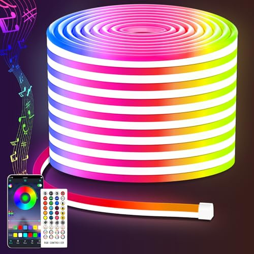 JINTYOUNG Led Neon Rope Lights 15M - RGB LED Rope Light Control with Remote/APP, Music Sync Colour Changing Neon Strip Lights, IP67 Outdoor Led Strip Lights Waterproof for Indoors Bedroom Home Decor