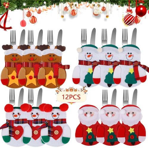 AMCHLEL Weihnachten Besteckhalter,12 Stück Weihnachtsmann Bestecktasche,Weihnachts Tischdeko,Besteckhalter Weihnachten Filz, Tisch Weihnachtsdeko für Party Abendessen Esstisch Deko