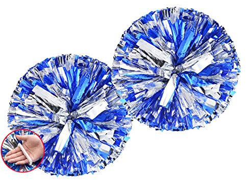Pom Poms Cheerleading with a White Handle for Sports Party Dance Team Accessories Cheering Squad Spirit (2 Pack Blue Silver).