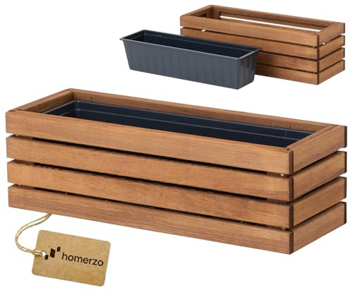 HOMERZO Jardinière en bois rectangulaire – brun imprégné, avec insert en plastique amovible – Pot de fleurs pour balcon, jardin et terrasse (Horizontal-brun, 65x23 H20)
