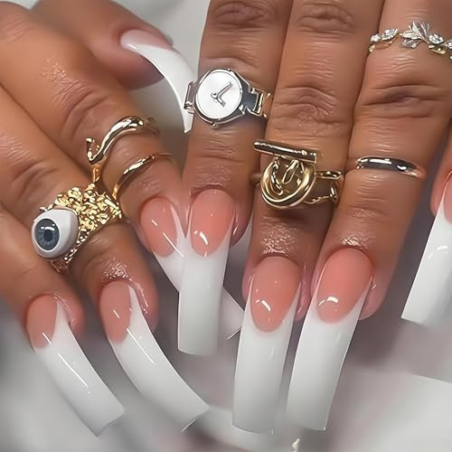 20 Stk XXL Lange Press On Nägel, Gebogene French Tip Künstliche Fingernägel Rosa Weiß, Fake Nails für Damen Muttertag, Hochzeit, Geburtstag, Fußball Party & Alltag