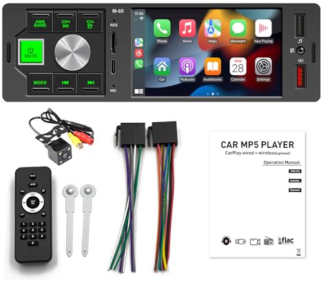 Radio MP5 para Coche con Carplay y Android Auto, 1 DIN, Bluetooth, Manos Libres, Pantalla HD de 4,1 Pulgadas, USB/AUX/Tipo C, Control Remoto, Enlace de Espejo, cámara de visión Trasera.