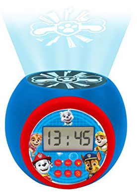 LEXIBOOK - Paw Patrol Projector alarm clock with snooze function and alarm function,Night light with timer, LCD screen, battery operated, Blue/Red, RL977PA