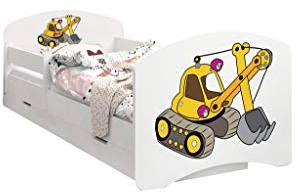 Happy Babies - Doppelseitiges KINDERBETT MIT SCHUBLADE Modernes Design mit sicheren Kanten und Absturzsicherung Schaumstoffmatratze 7 cm. (160x80, 71. Gelber Bagger)
